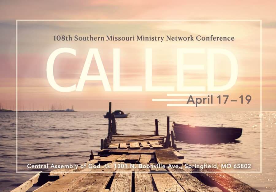 A row boat is tied to a dock in the ocean. Behind is a beautful orange, yellow, and pink sunset with tints of blue. The words say, " 108th Southern Missouri Ministry Network Conference" Underneath says "CALLED" in large white letters. The dates for the conference is April 17-19. On the bottom it says "Central Assembly of God \\ 1301 N. Boonville Ave, Springfield, MO 65802"